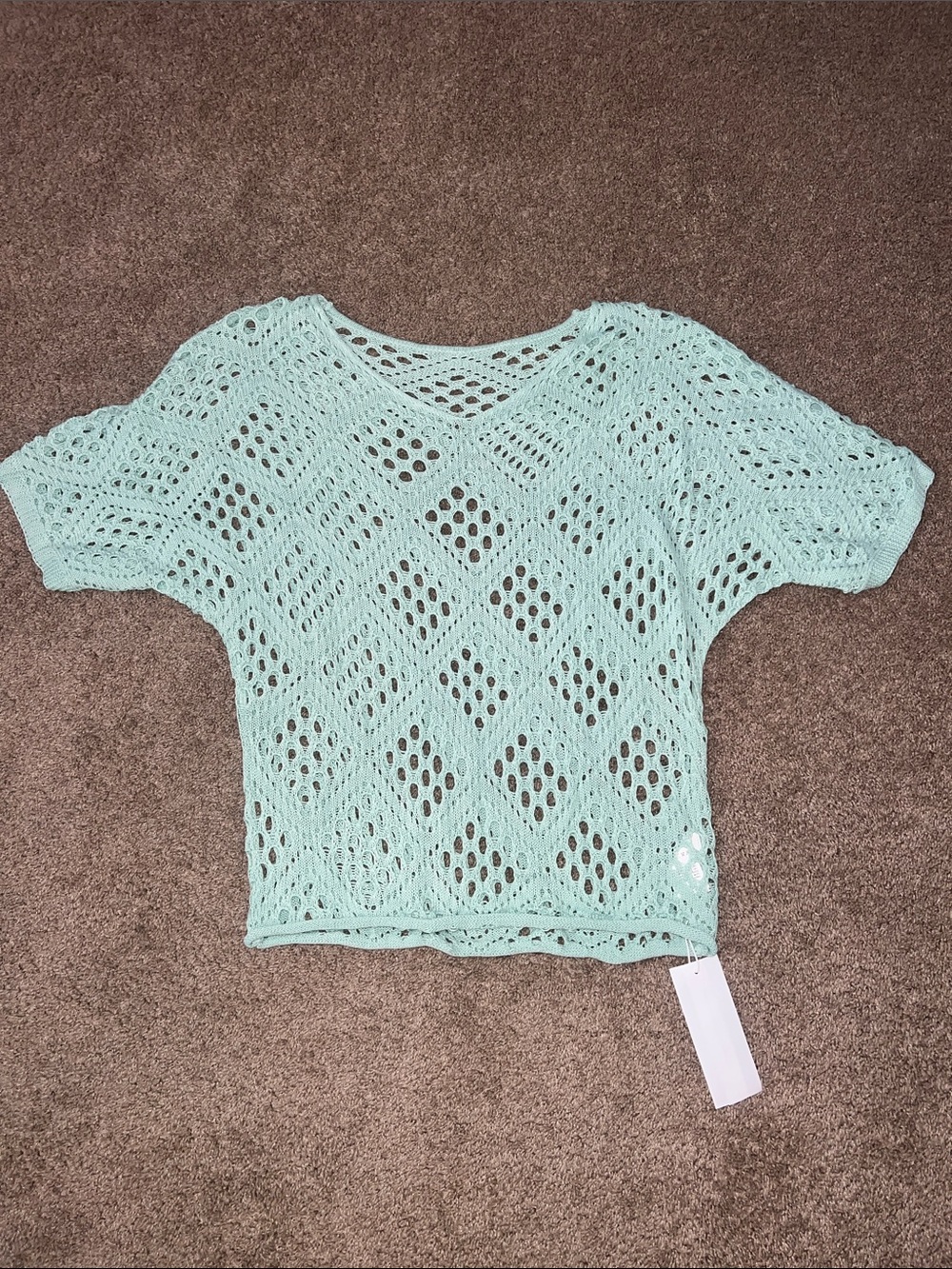 Fisoew Mint Crochet Openwork Short Sleeve Top